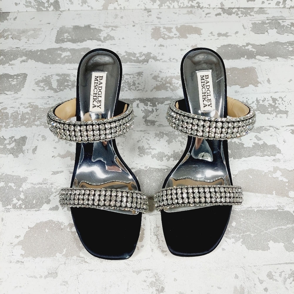 New Badgley Mischka Sade Black Rhinestone Strap Heeled Sandals K1023 - Picture 8 of 11